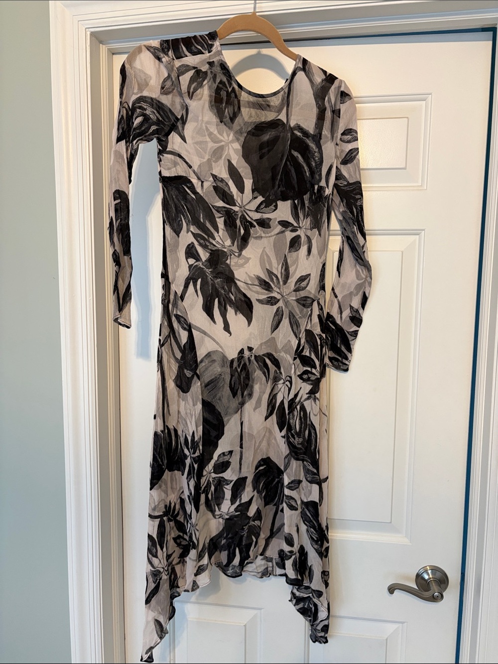 Allsaints Long Sleeve Floral Handkerchief Hem Dress - Black & Cream-missing slip